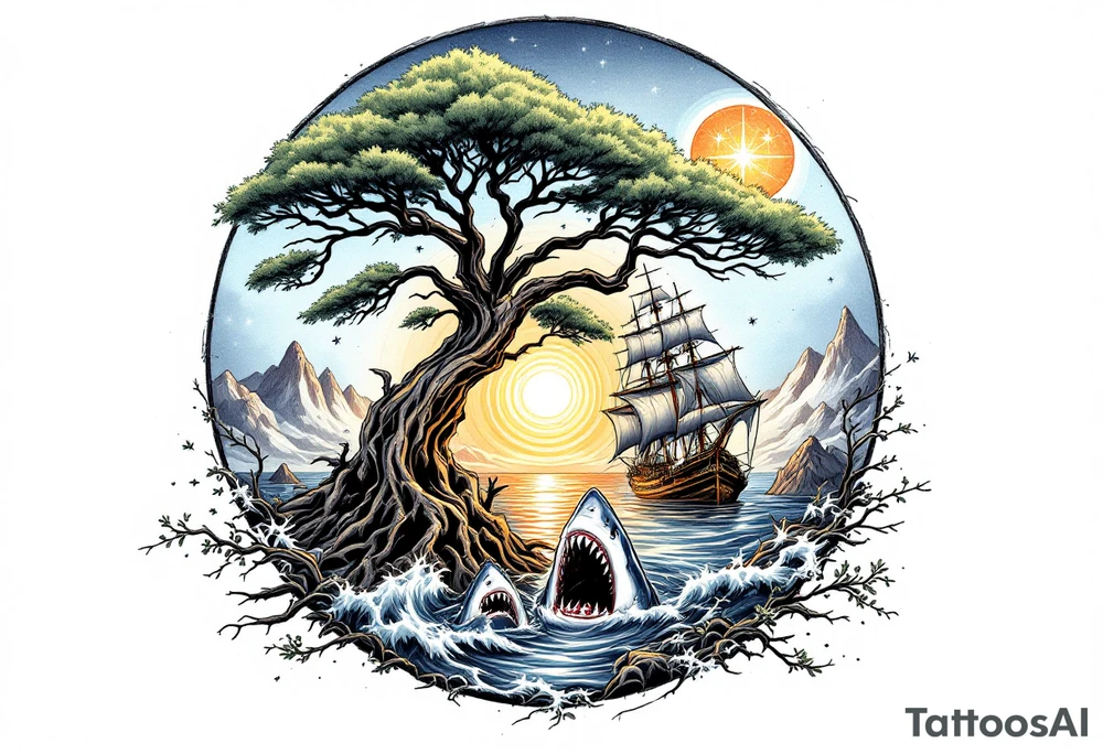 tattoo that has an acacia tree with mountains, ocean with a ship wreck with sharks and the northern star tattoo idea