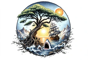 tattoo that has an acacia tree with mountains, ocean with a ship wreck with sharks and the northern star tattoo idea