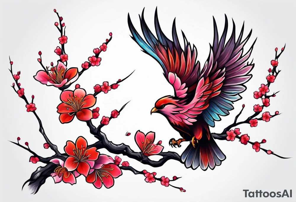 Sakura branch, phoenix, flight, freedom tattoo idea