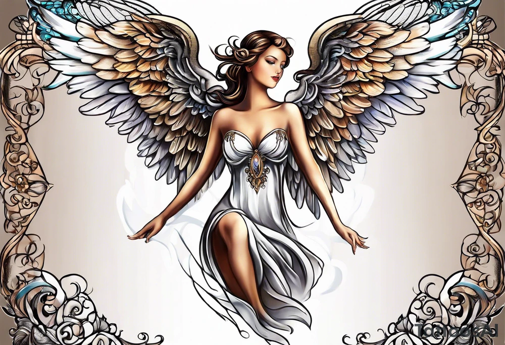 beautiful angel wings. with flilgree in the background tattoo idea