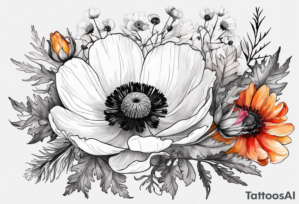 a white anemone with black center with thistles, ferns, ranuculus, sun flowers, red flowers, pink flowers, orange flowers, yellow flowers in watercolor tattoo idea