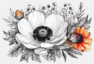 a white anemone with black center with thistles, ferns, ranuculus, sun flowers, red flowers, pink flowers, orange flowers, yellow flowers in watercolor tattoo idea