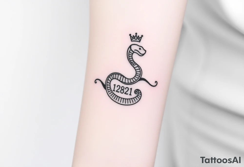 I want a small simple silhouette lines black and white wrist majestic royal snake tattoo that has number 12821 on its body along and also I want it to represent feminine energy crown queen Cycle tattoo idea