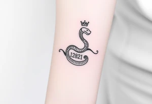 I want a small simple silhouette lines black and white wrist majestic royal snake tattoo that has number 12821 on its body along and also I want it to represent feminine energy crown queen Cycle tattoo idea