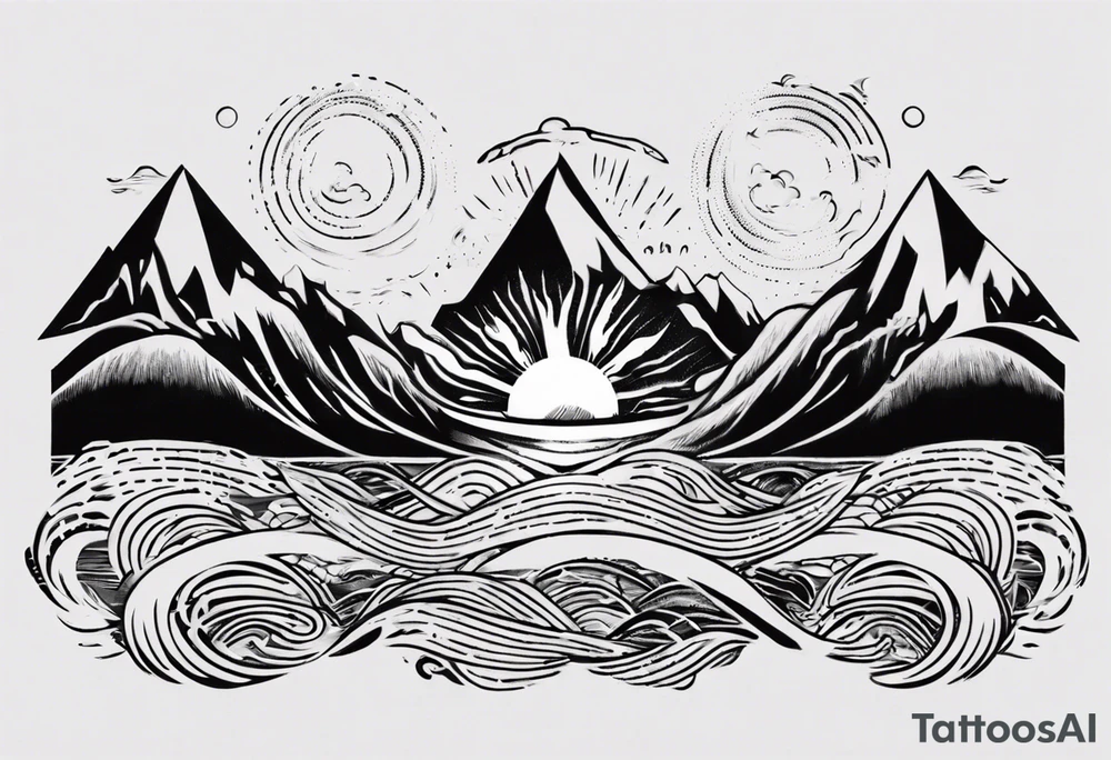 sleeve, mountains, waves, sun tattoo idea