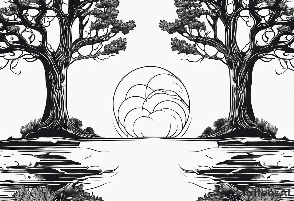 One line tattoo of oak tree with little gift at the bottom tattoo idea