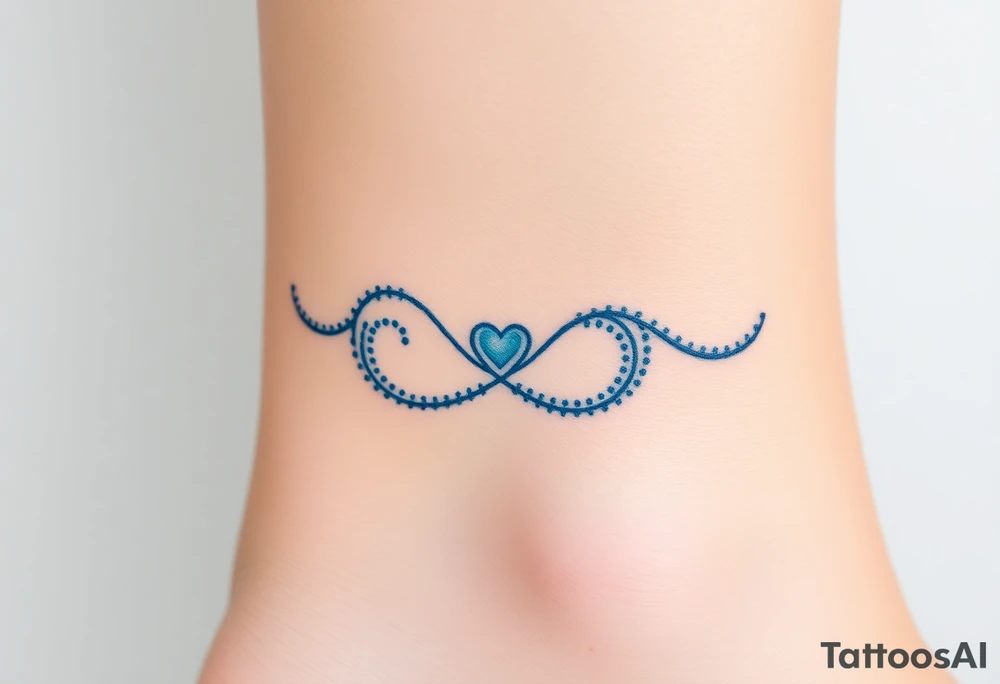 A blue infinity symbol made of delicate waves, with a small heart-shaped pearl tattoo idea