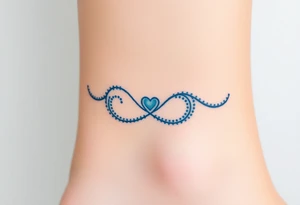 A blue infinity symbol made of delicate waves, with a small heart-shaped pearl tattoo idea