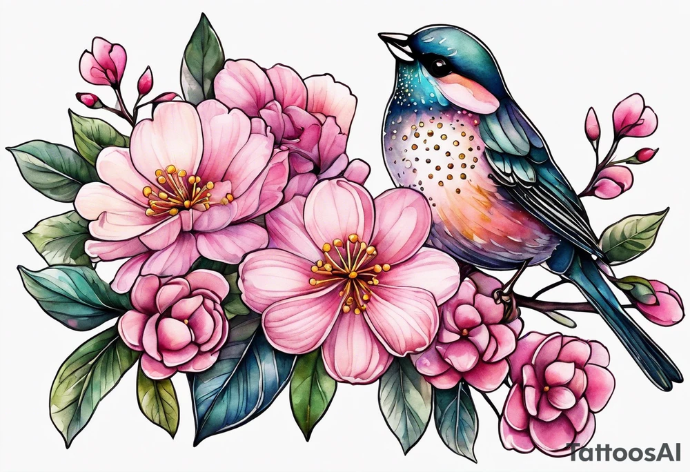 Small Pink flowers with decorative dott pattern, a bird and libra tattoo idea