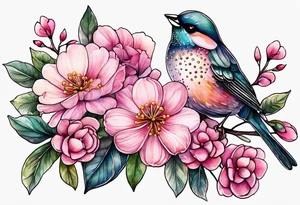 Small Pink flowers with decorative dott pattern, a bird and libra tattoo idea