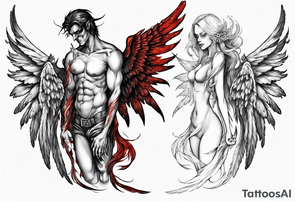 Demon and angel holding each other. He has angel wings, she has demon wings. tattoo idea