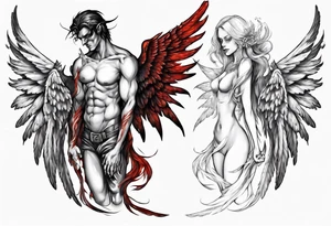 Demon and angel holding each other. He has angel wings, she has demon wings. tattoo idea
