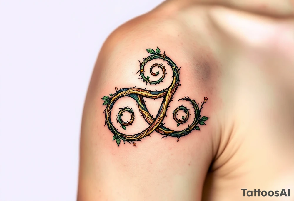 A nature-inspired triskelion design in earthy greens, browns, and golds, resembling intertwined vines or tree roots. The spirals can be adorned with tiny leaves, acorns, or even mushrooms, symbolizing growth, connection, and renewal. tattoo idea