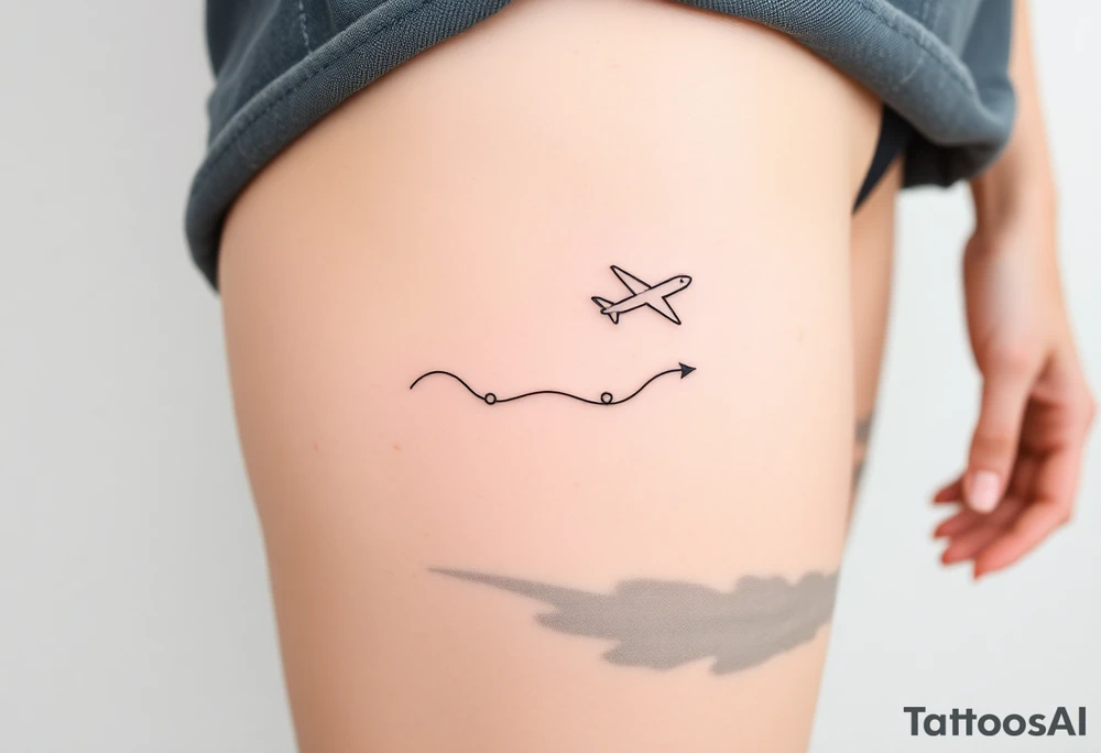 Line tattoo scene with plane, play symbol, pause symbol, stop symbol, rewind symbol, mental health awareness tattoo idea