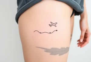 Line tattoo scene with plane, play symbol, pause symbol, stop symbol, rewind symbol, mental health awareness tattoo idea