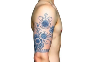 forearm sleeve porcelain blue style with ornate and floral decor with a detailed banded border at the wrist and elbow. tattoo idea