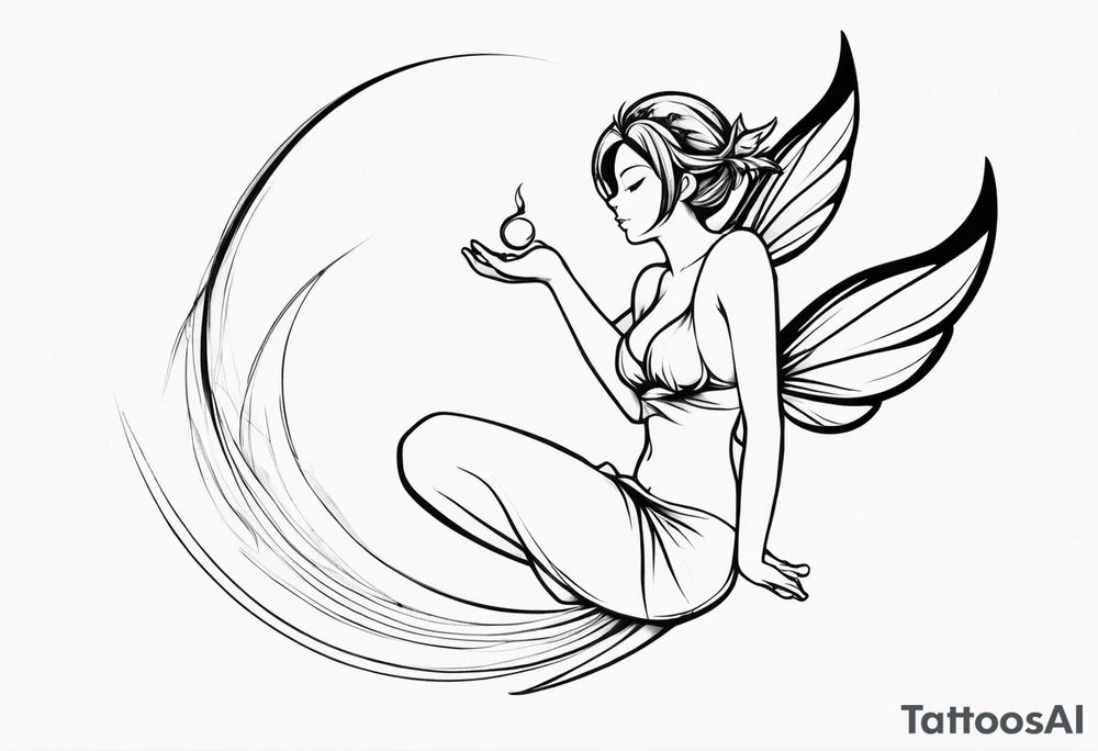 Minimalistic, monochromatic fairy with a tail flying to the left in a fetal position, leaning and looking in the same direction, with visible hands, embodying the 'Fairy Tail' logo aesthetic. tattoo idea