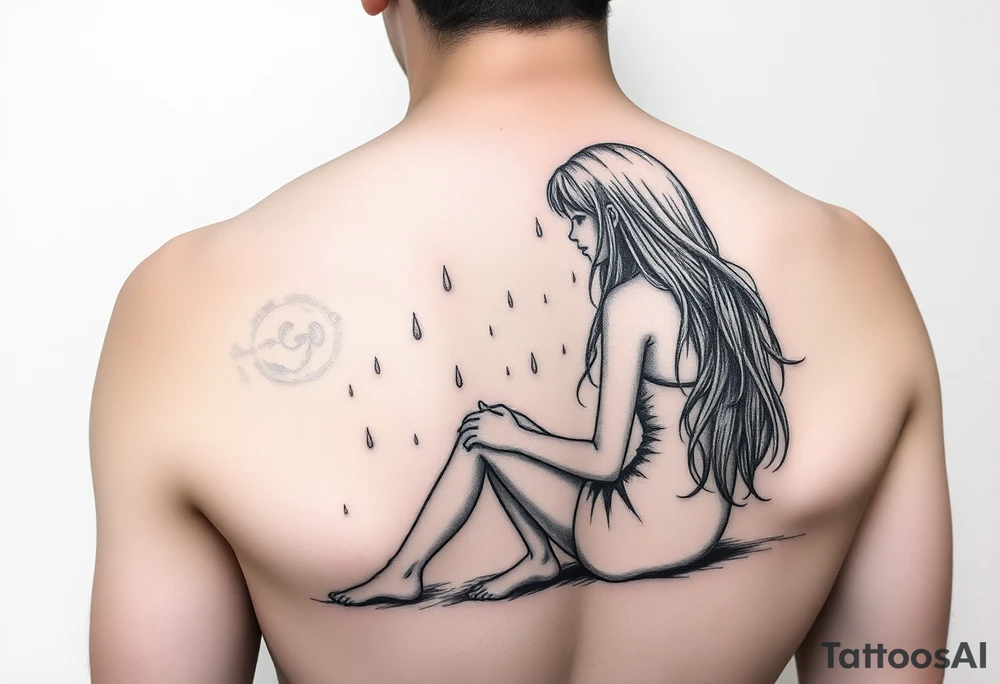 A girl sitting in the rain  letting the rain take her away as it pours almost like she’s fading tattoo idea