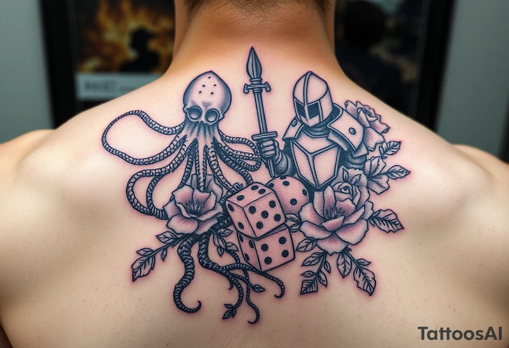 squid and knight combined with tree roots, cherry blossoms and roses rolling dice tattoo idea