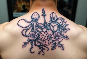 squid and knight combined with tree roots, cherry blossoms and roses rolling dice tattoo idea