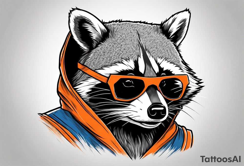 Raccoon wearing an orange Superman hoodie tattoo idea