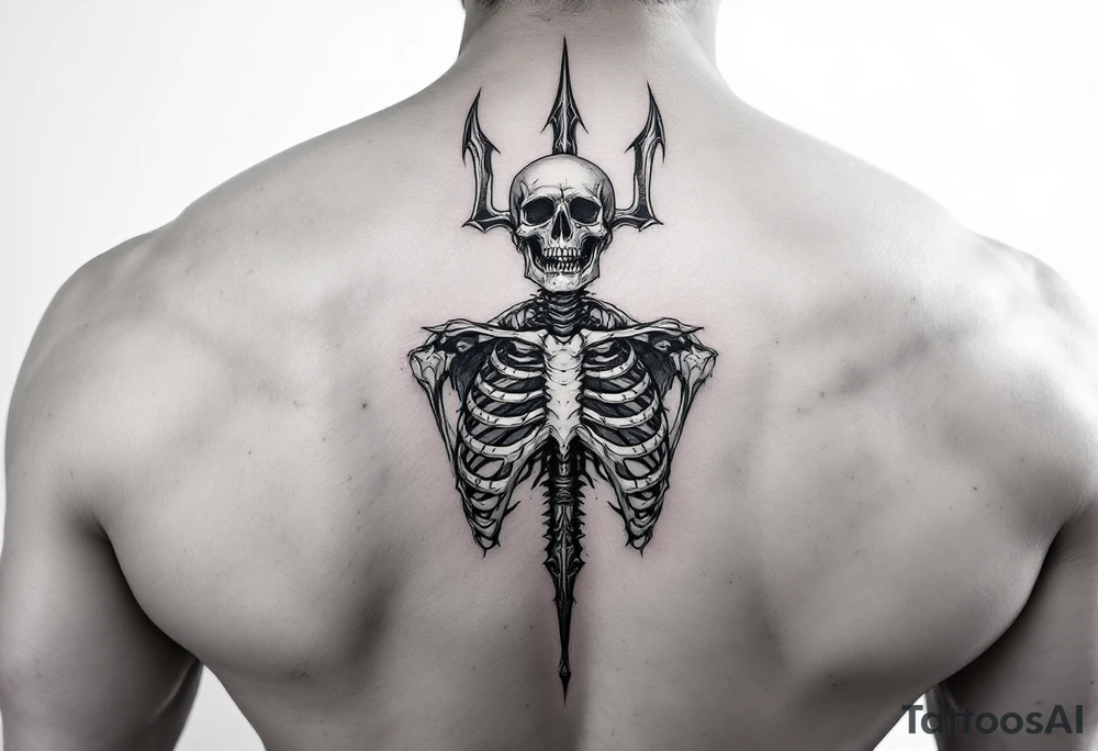 skeleton behind trident tattoo idea