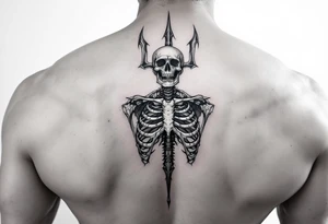 skeleton behind trident tattoo idea