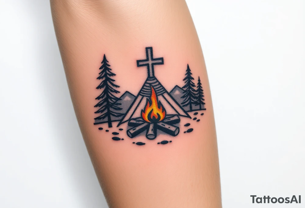 Campsite with a campfire with a cross tattoo idea