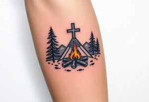 Campsite with a campfire with a cross tattoo idea