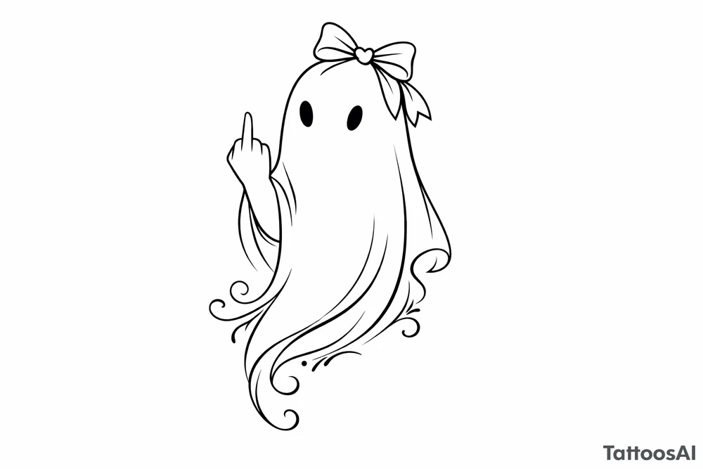 Minimalist line art of a ghost with a bow, giving the finger. tattoo idea