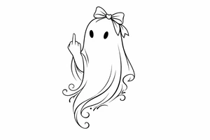 Minimalist line art of a ghost with a bow, giving the finger. tattoo idea