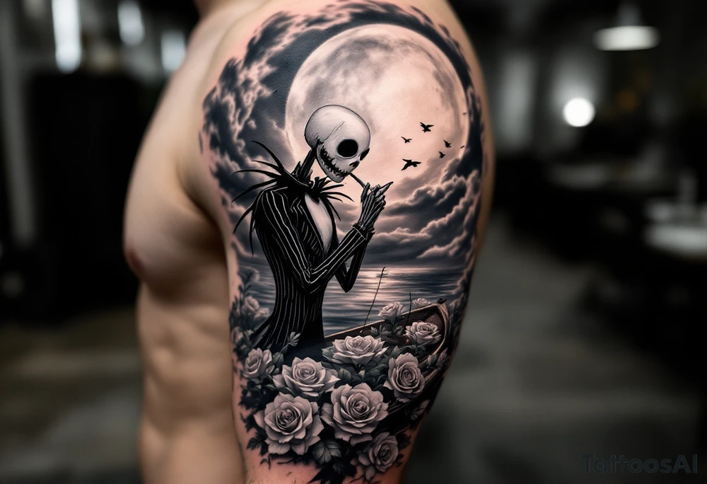 jack skellington smoking and fishing, on a boat of roses, cloudy sky, full moon, birds, tattoo idea