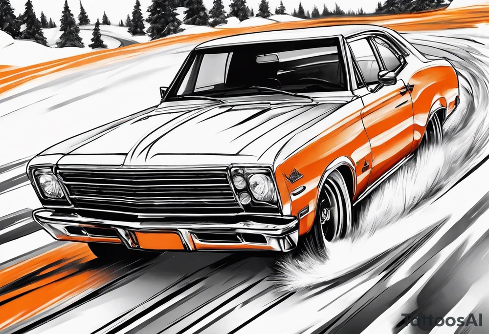 Peter bill driving through the snow with orange light striking behind it tattoo idea