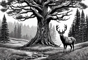 tall pine trees, turkey foot tracks, one deer antler tattoo idea