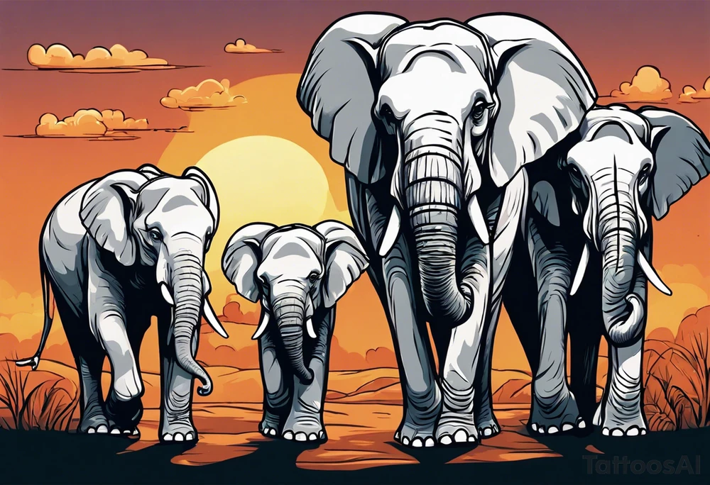 family of 6 elephants walking into sunset after one of them has died tattoo idea