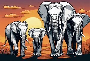 family of 6 elephants walking into sunset after one of them has died tattoo idea