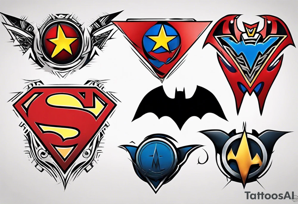 Superman, wonder woman and batman symbols elegantly combined tattoo idea