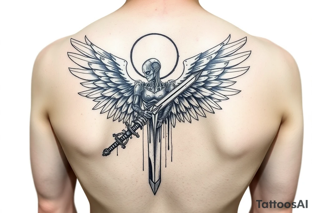 A Cybernetic Angel with a Rusted Blade
A half-robotic angel with wings of broken solar panels instead of feathers.
A rusted corporate sword, dripping data like blood.
Halo glitching between a circle and static distortion. tattoo idea