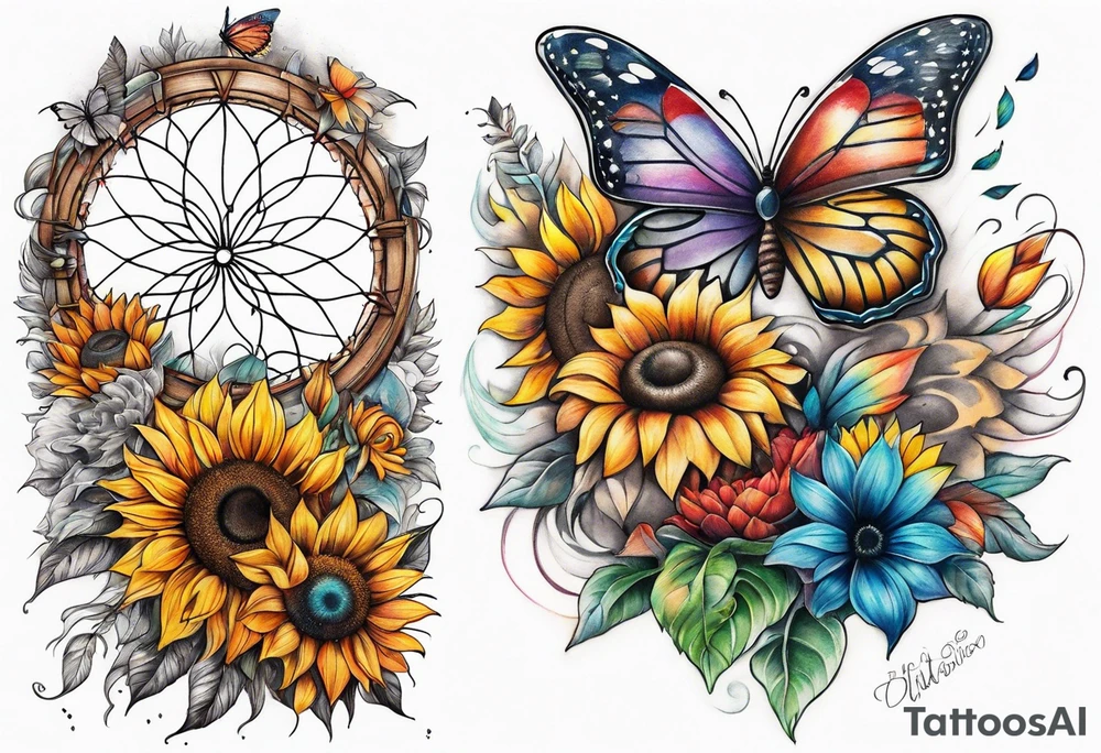 Quarter Leg sleeve with dreamcatcher, rainbow sunflowers and one butterfly tattoo idea