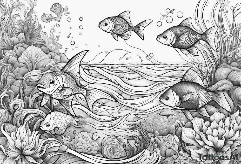 Underwater Sea creatures feminine cascading upwards tattoo idea Underwater Sea creatures feminine cascading upwards tattoo idea