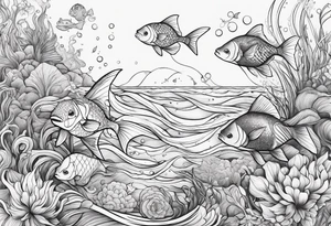Underwater Sea creatures feminine cascading upwards tattoo idea