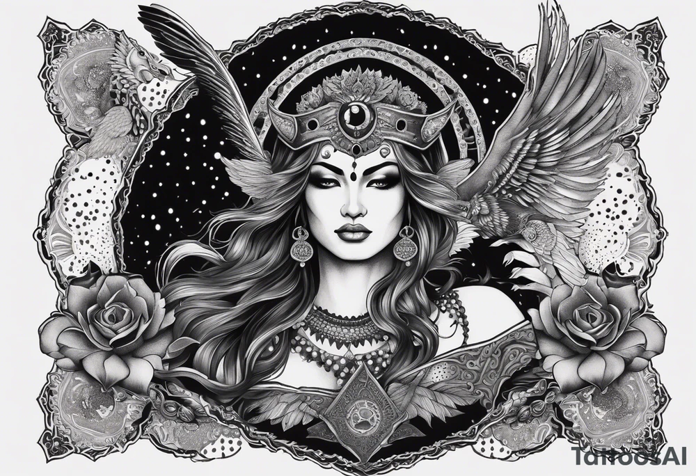 black kali, goddess pirate, alien, angel, pachamama, valkrye, warrior, flying, skull, lotus azul, wing, eagle, zenza resonance, stars, 5D, anahata chakra, death, durga, riding on a tiger, flying lady, kundalini, chest tatoo, samuri, rebel,serpent tattoo idea
