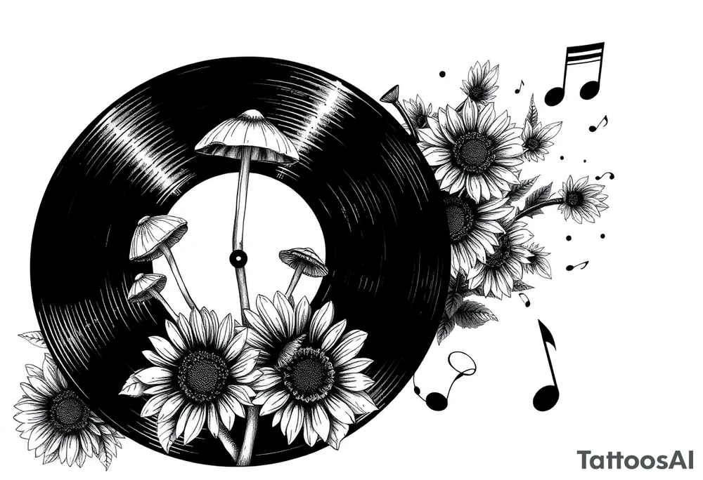 two overlapping vinyl records with mushrooms, sunflowers, and music notes tattoo idea