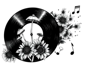 two overlapping vinyl records with mushrooms, sunflowers, and music notes tattoo idea
