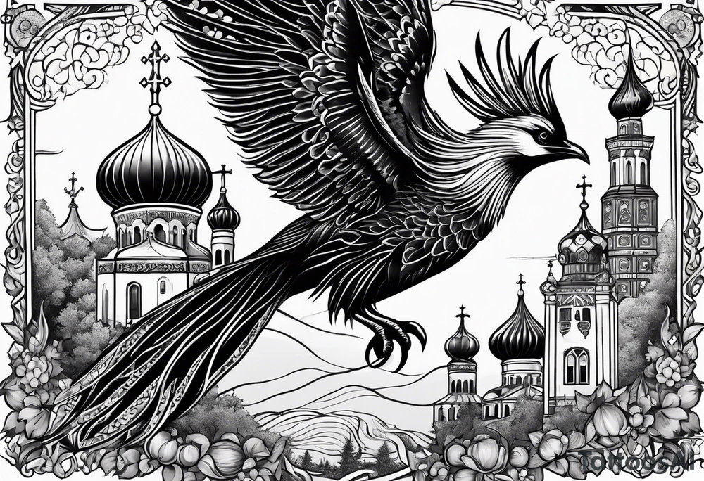 russian firebird in-flight with long fancy tail and 3 small onion cap monastery towers in background, with "Isaiah 43: 18-19" tattoo idea