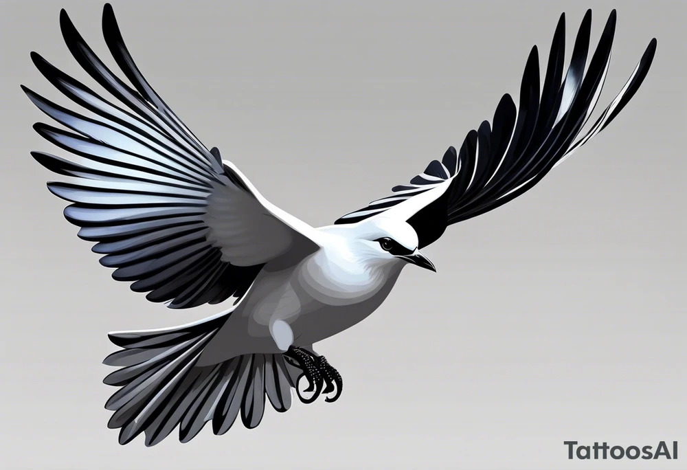 The dove is positioned lower on the forearm, with its wings gracefully outstretched as if gliding through the air. Its body is sleek and streamlined, conveying a sense of elegance and agility.
- The magpie is depicted higher up on the forearm, diving down aggressively with its wings spread wide and feathers ruffled. Its beak is open, suggesting a cry or battle call.
- The wind is represented by swirling patterns around the birds, creating a dynamic sense of movement. The lines of the wind should flow with the natural contours of the arm.
- The overall composition should balance the graceful flight of the dove with the bold attack of the magpie, capturing the intensity of the dogfight. tattoo idea