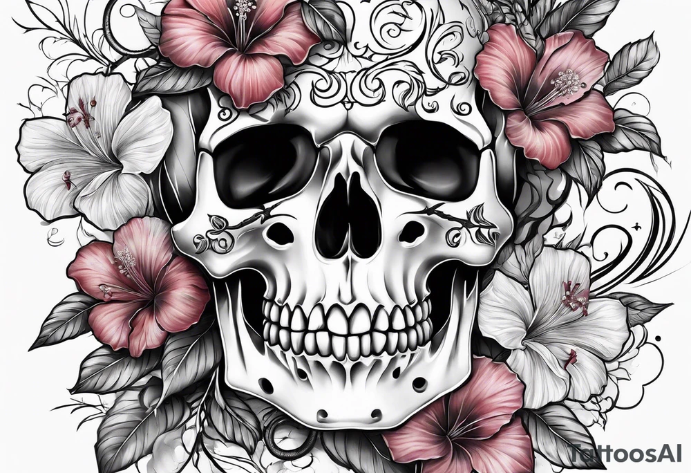 femmale skeleton with hibiscus tattoo idea