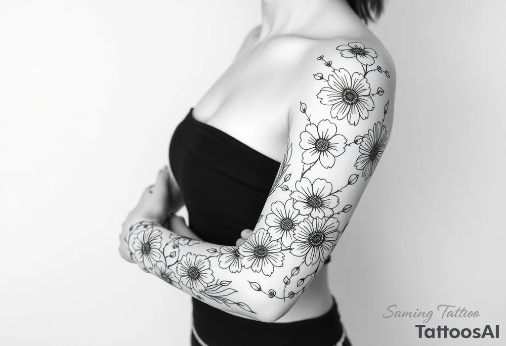 Doodles full sleeve with flowers. Not perfect lines. Abstract. Artistic. Unique tattoo idea