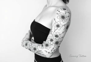 Doodles full sleeve with flowers. Not perfect lines. Abstract. Artistic. Unique tattoo idea
