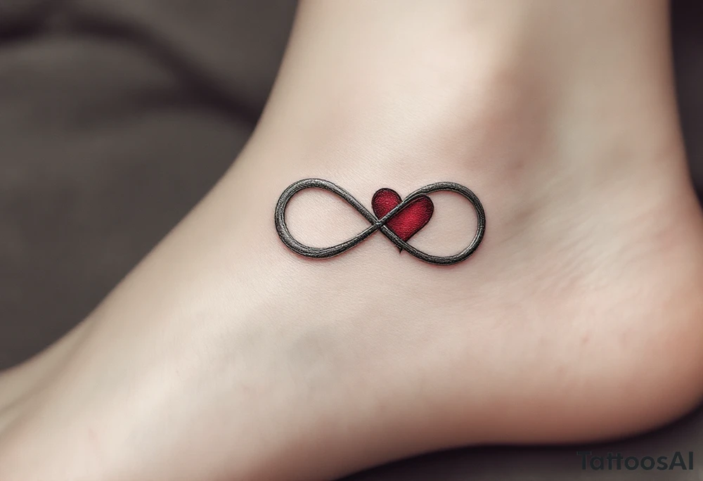 A silver infinity symbol with a deep crimson heart woven into one side. tattoo idea